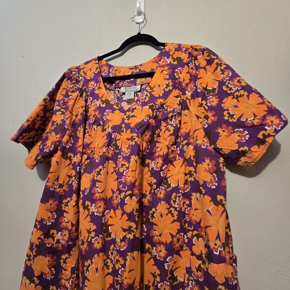 Vtg Hawaiian Floral Mumu Caftan House Dress Womens 2X Orange Purple Comfy Flowy - Picture 3 of 11